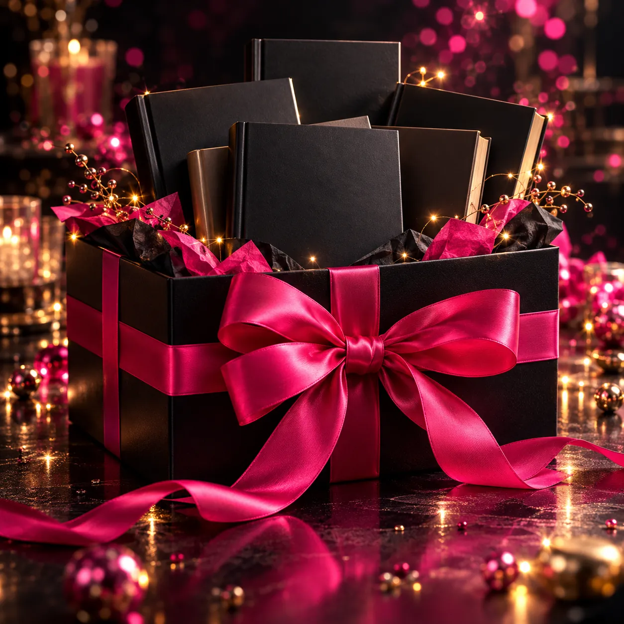 A black gift box of books tied with a pink ribbon